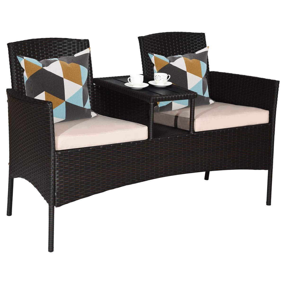 Outdoor Rattan Loveseat, Patio Conversation Set with Cushions & Table